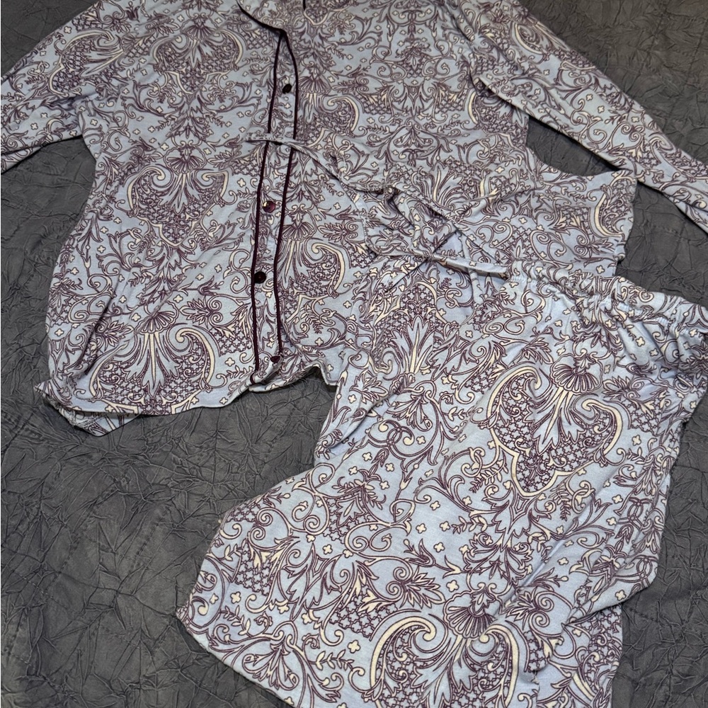 Nicole Miller Paisley Pajama Pants Set L Purple Ivory Fall Lounge Sleepwear